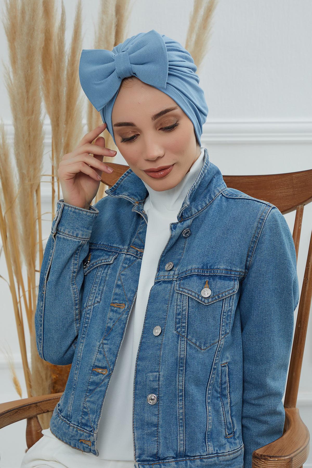 Plain Cotton Instant Turban with a Removable Big Bowtie, Chic Bonnet Scarf Head Wrap for Women, Comfortable and Stylish Chemo Headwear,B-27 Blue