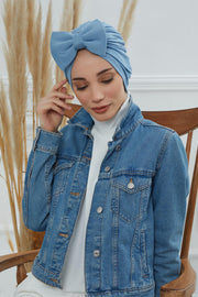 Plain Cotton Instant Turban with a Removable Big Bowtie, Chic Bonnnet Scarf Head Wrap for Women, Comfortable and Stylish Chemo Headwear,B-27 Blue