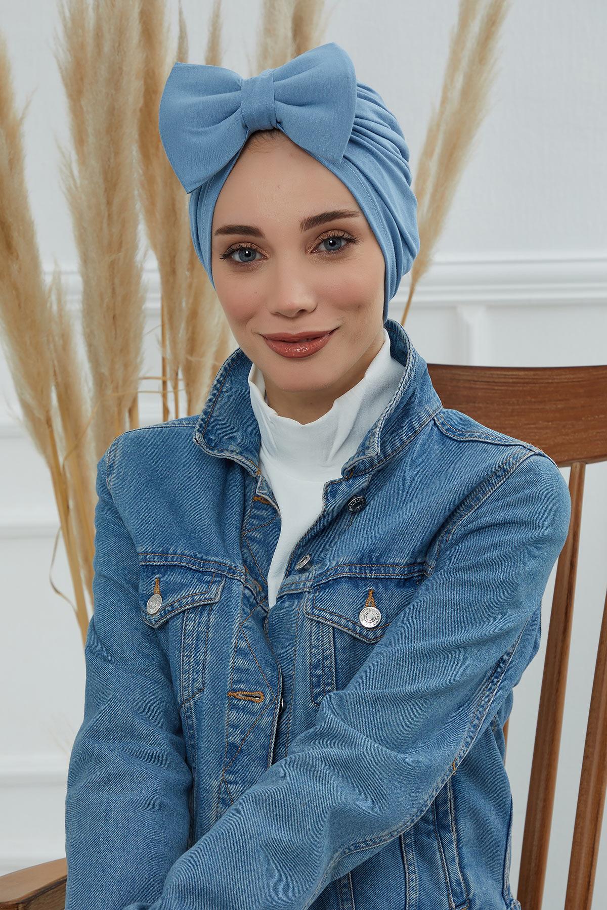 Plain Cotton Instant Turban with a Removable Big Bowtie, Chic Bonnet Scarf Head Wrap for Women, Comfortable and Stylish Chemo Headwear,B-27 Blue