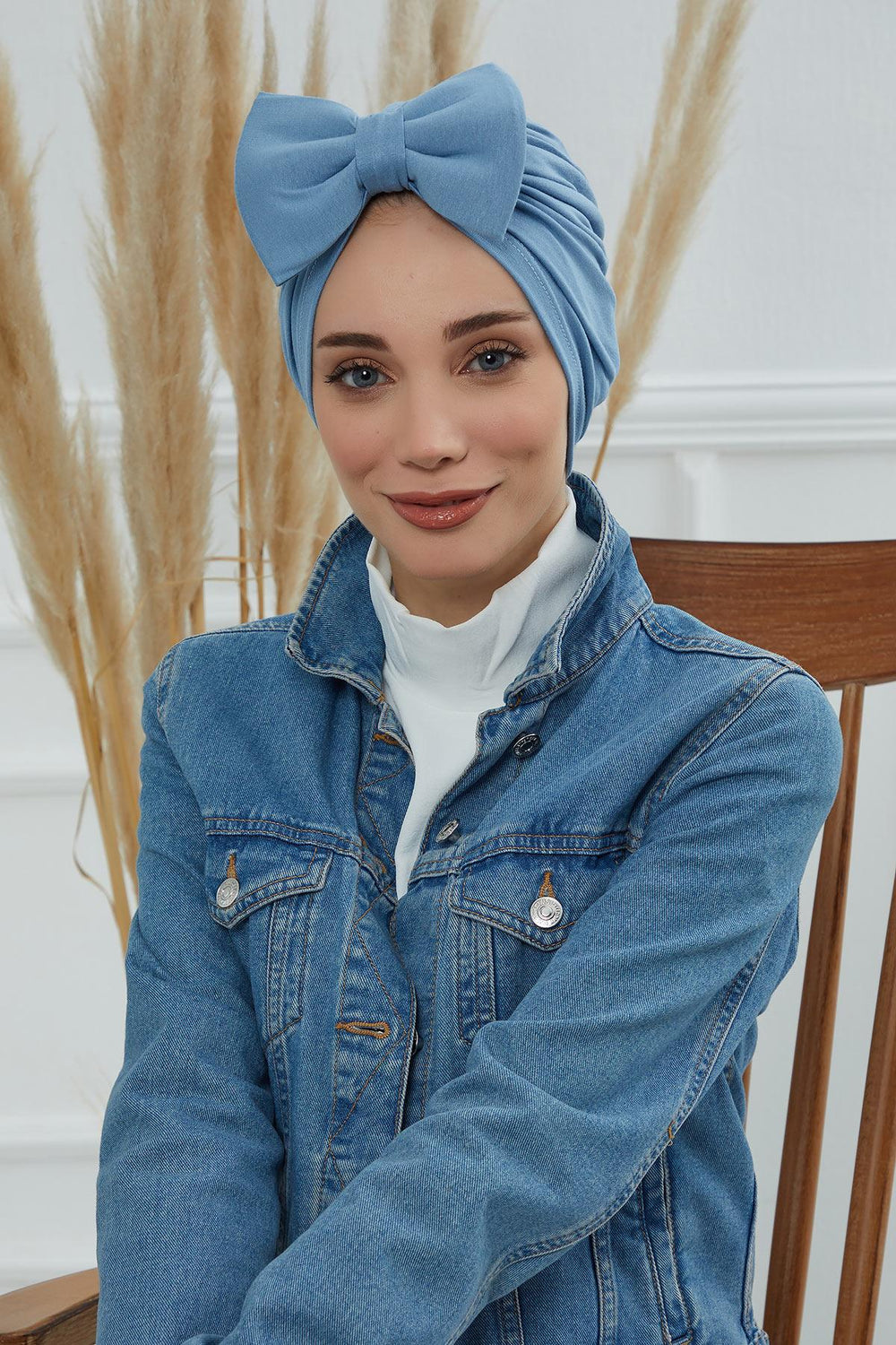 Plain Cotton Instant Turban with a Removable Big Bowtie, Chic Bonnet Scarf Head Wrap for Women, Comfortable and Stylish Chemo Headwear,B-27 Blue