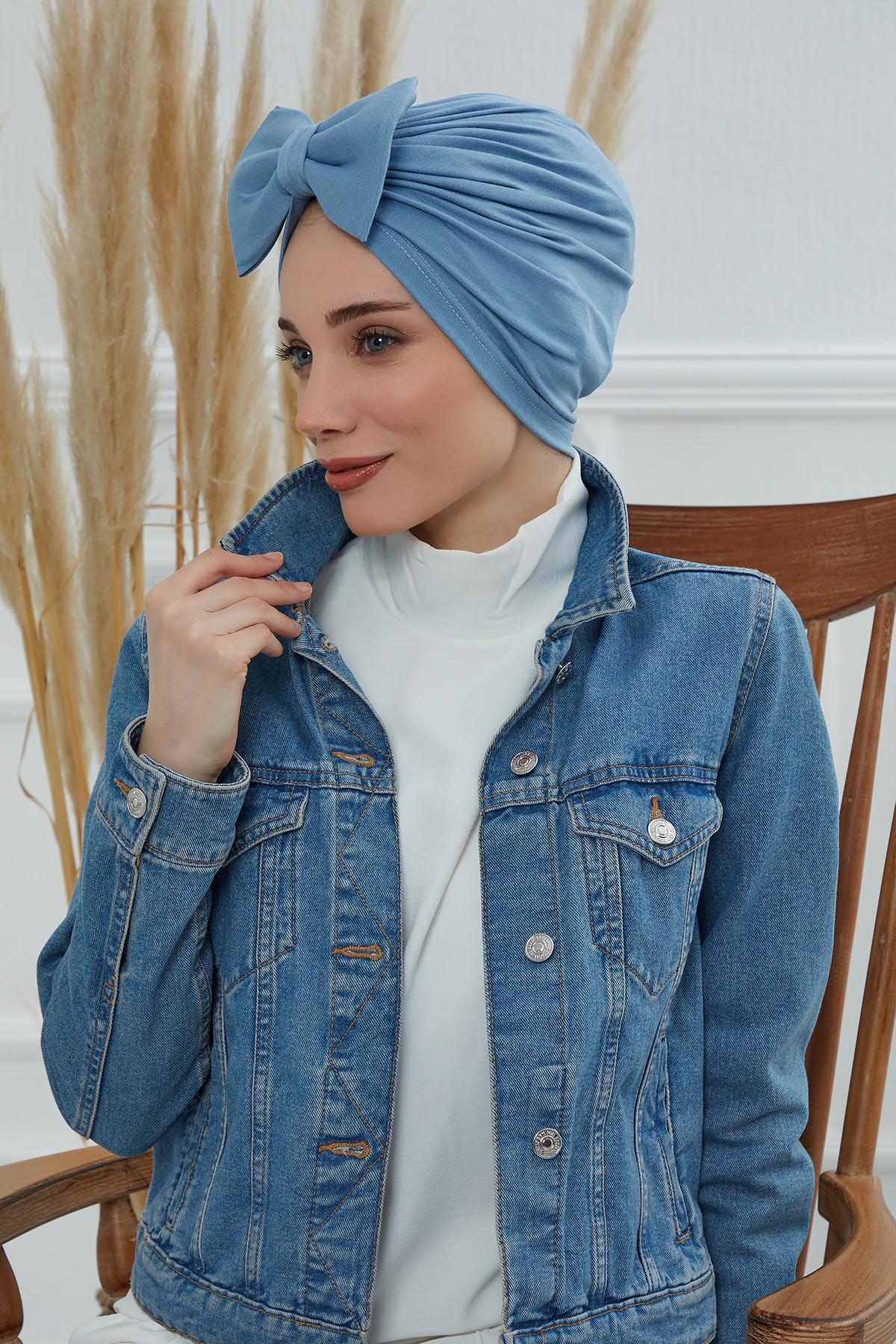 Plain Cotton Instant Turban with a Removable Big Bowtie, Chic Bonnet Scarf Head Wrap for Women, Comfortable and Stylish Chemo Headwear,B-27 Blue