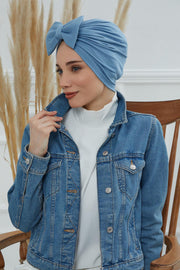 Plain Cotton Instant Turban with a Removable Big Bowtie, Chic Bonnnet Scarf Head Wrap for Women, Comfortable and Stylish Chemo Headwear,B-27 Blue