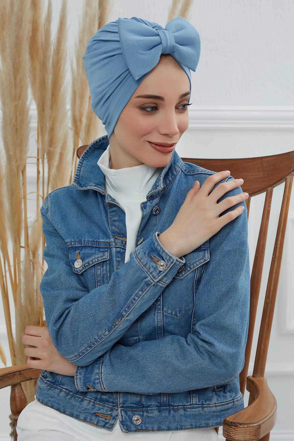 Plain Cotton Instant Turban with a Removable Big Bowtie, Chic Bonnet Scarf Head Wrap for Women, Comfortable and Stylish Chemo Headwear,B-27 Blue
