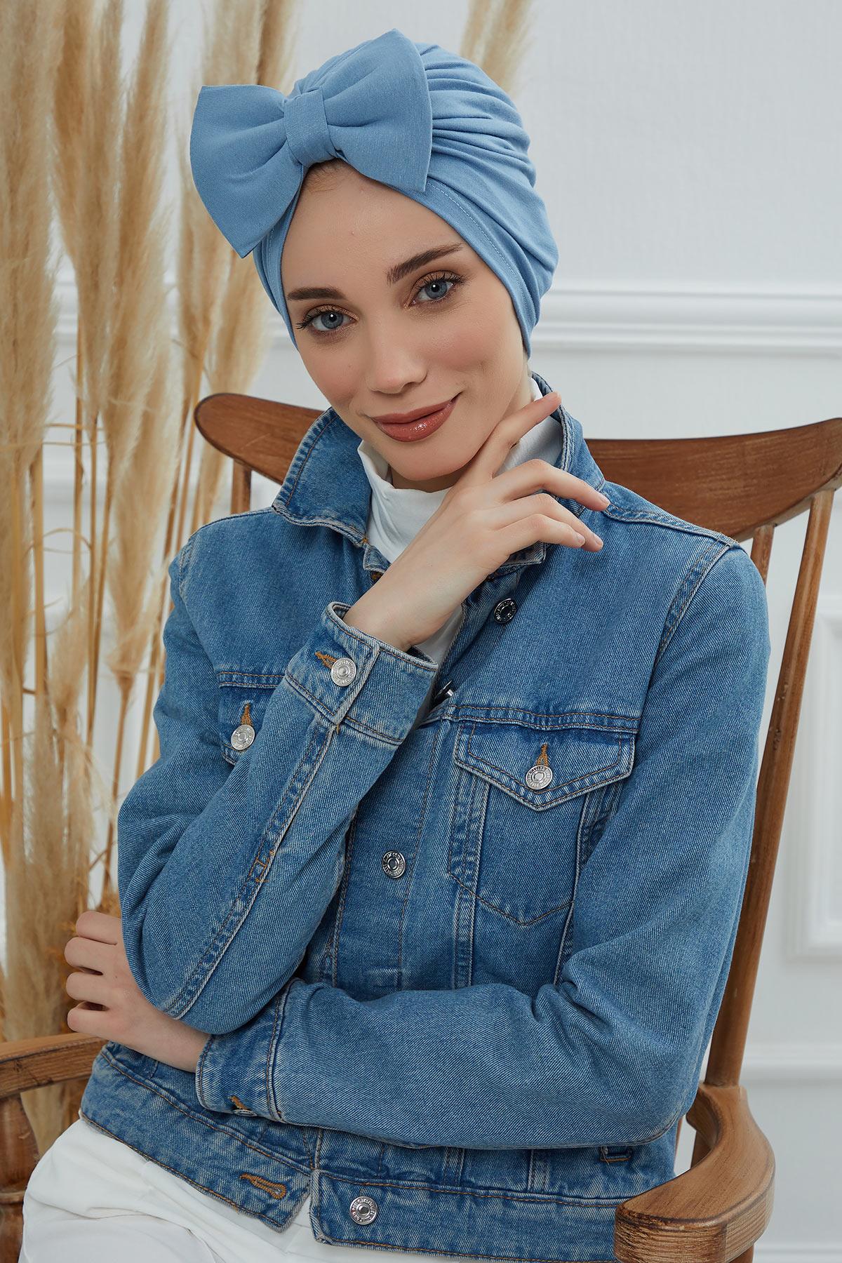 Plain Cotton Instant Turban with a Removable Big Bowtie, Chic Bonnet Scarf Head Wrap for Women, Comfortable and Stylish Chemo Headwear,B-27 Blue