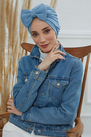 Plain Cotton Instant Turban with a Removable Big Bowtie, Chic Bonnnet Scarf Head Wrap for Women, Comfortable and Stylish Chemo Headwear,B-27 Blue