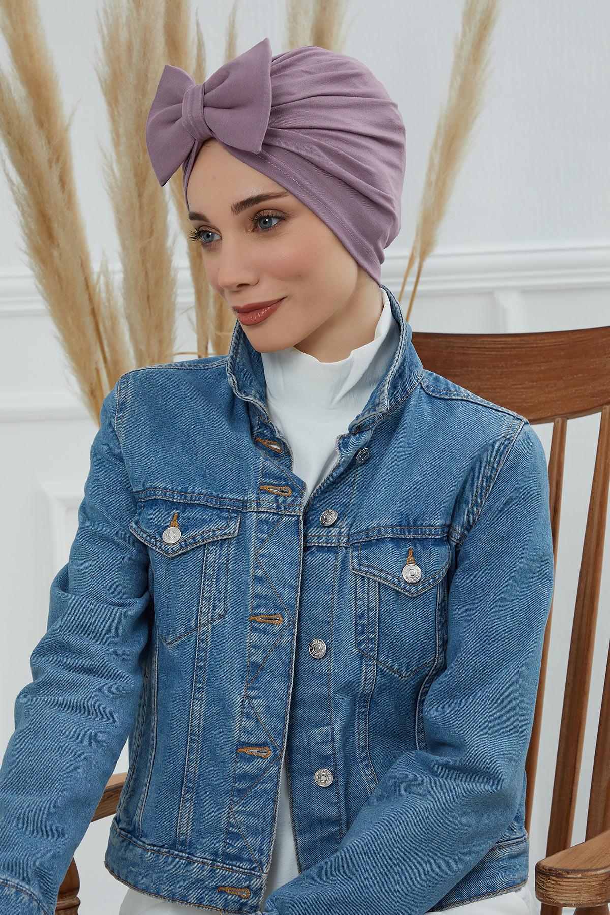 Plain Cotton Instant Turban with a Removable Big Bowtie, Chic Bonnet Scarf Head Wrap for Women, Comfortable and Stylish Chemo Headwear,B-27 Lilac