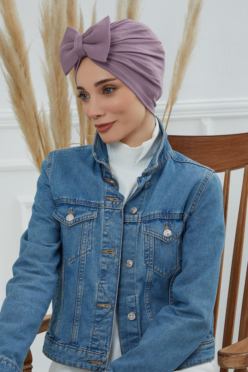 Plain Cotton Instant Turban with a Removable Big Bowtie, Chic Bonnnet Scarf Head Wrap for Women, Comfortable and Stylish Chemo Headwear,B-27 Lilac