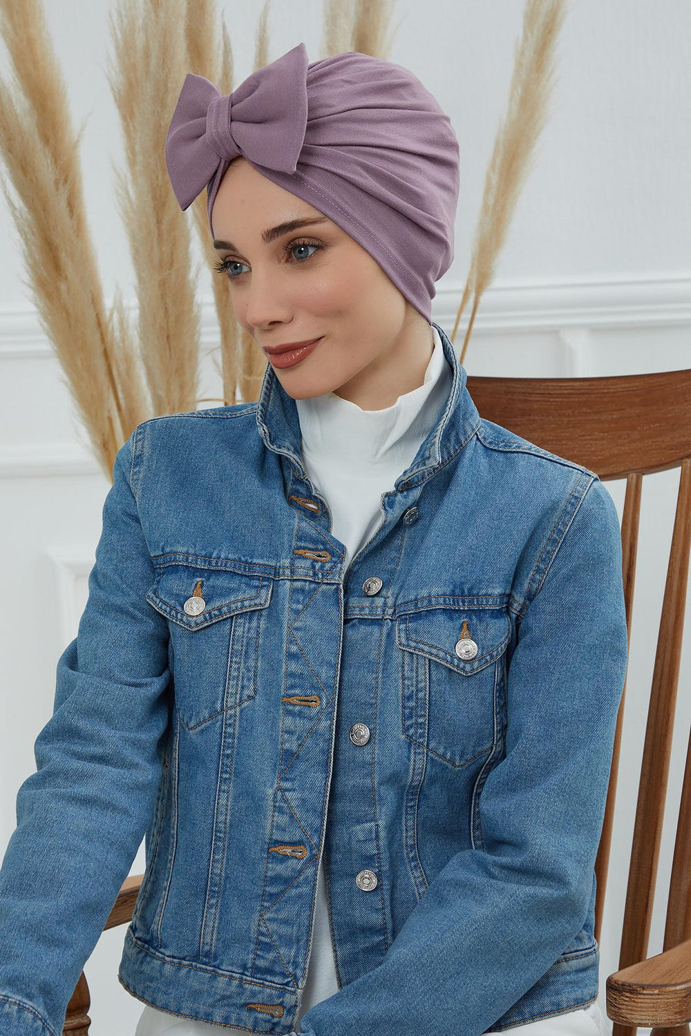 Plain Cotton Instant Turban with a Removable Big Bowtie, Chic Bonnet Scarf Head Wrap for Women, Comfortable and Stylish Chemo Headwear,B-27 Lilac