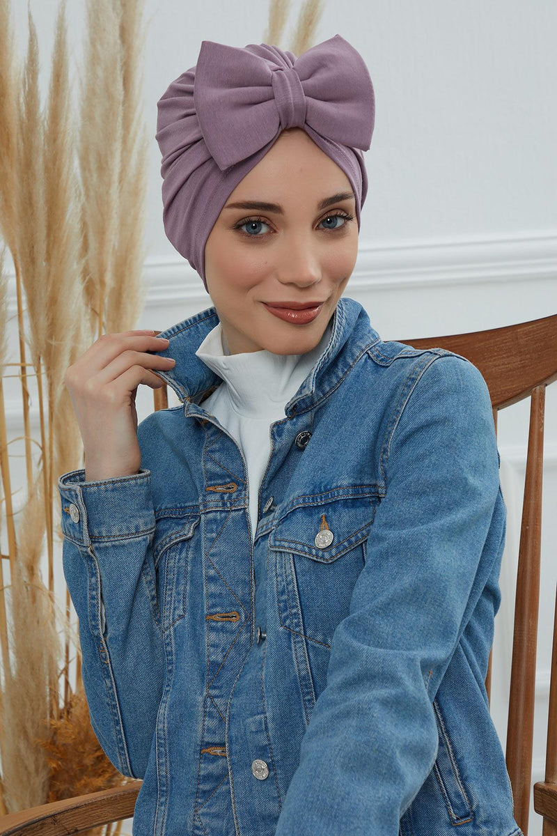 Plain Cotton Instant Turban with a Removable Big Bowtie, Chic Bonnnet Scarf Head Wrap for Women, Comfortable and Stylish Chemo Headwear,B-27 Lilac