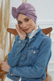 Plain Cotton Instant Turban with a Removable Big Bowtie, Chic Bonnnet Scarf Head Wrap for Women, Comfortable and Stylish Chemo Headwear,B-27 Lilac