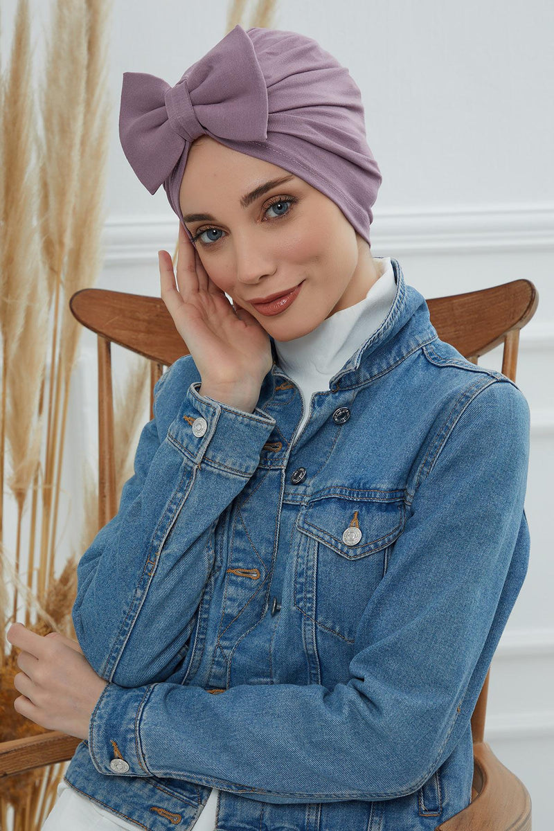 Plain Cotton Instant Turban with a Removable Big Bowtie, Chic Bonnnet Scarf Head Wrap for Women, Comfortable and Stylish Chemo Headwear,B-27 Lilac