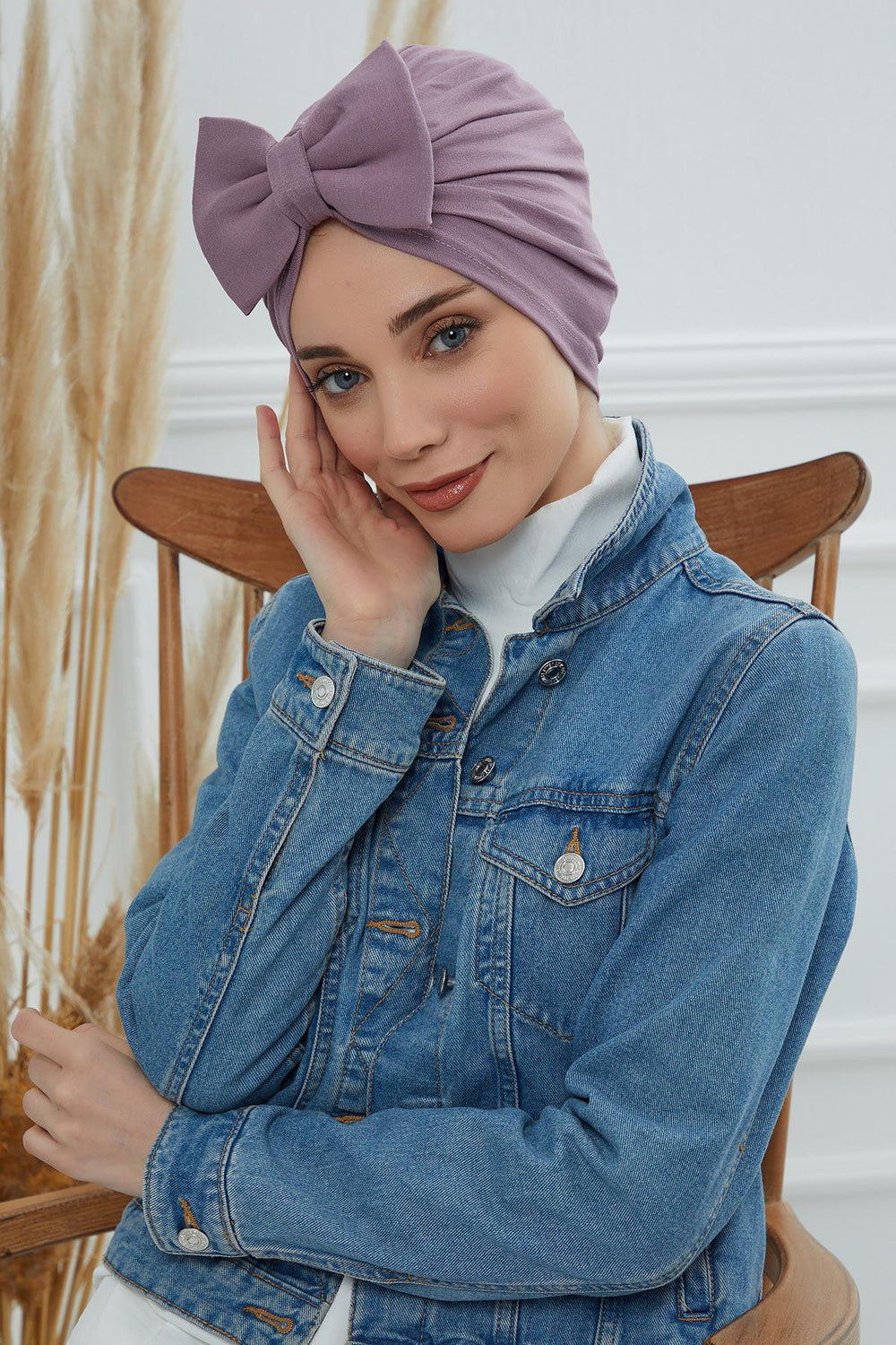 Plain Cotton Instant Turban with a Removable Big Bowtie, Chic Bonnet Scarf Head Wrap for Women, Comfortable and Stylish Chemo Headwear,B-27 Lilac