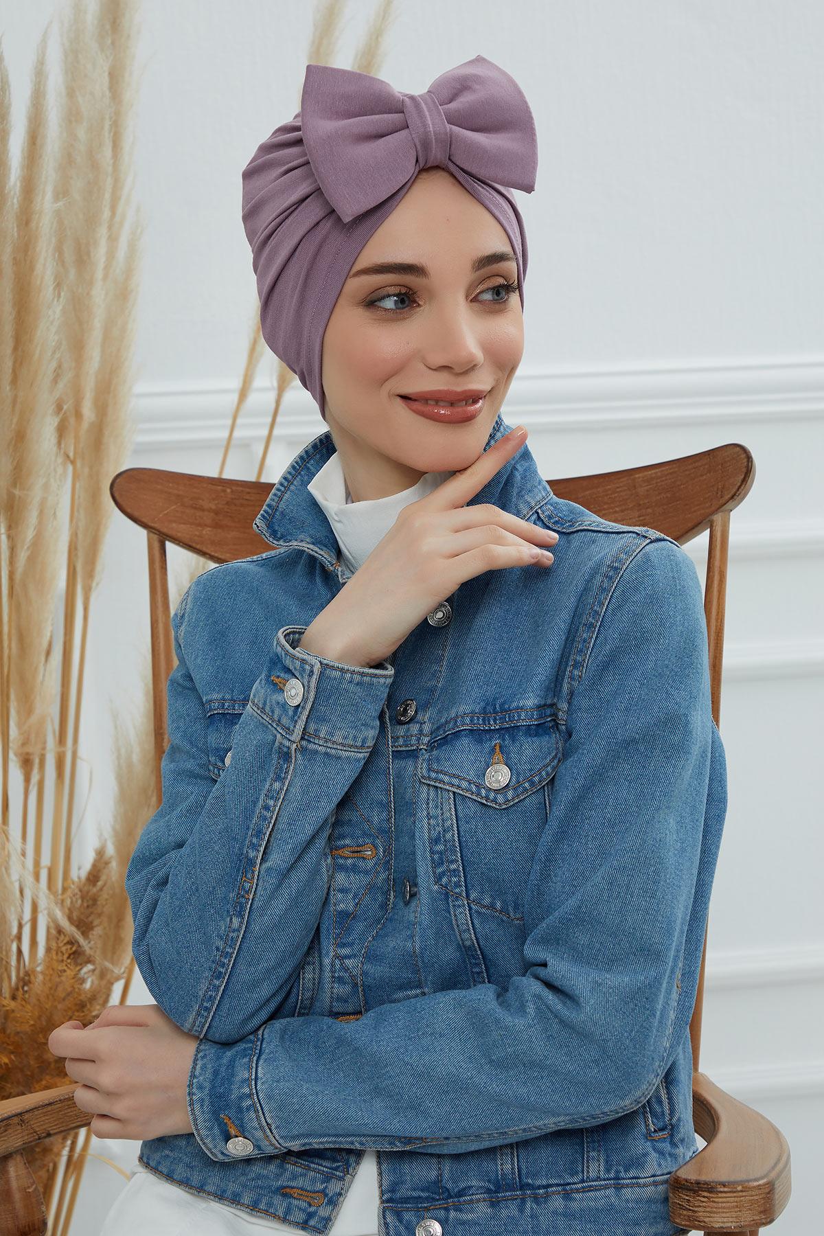 Plain Cotton Instant Turban with a Removable Big Bowtie, Chic Bonnet Scarf Head Wrap for Women, Comfortable and Stylish Chemo Headwear,B-27 Lilac