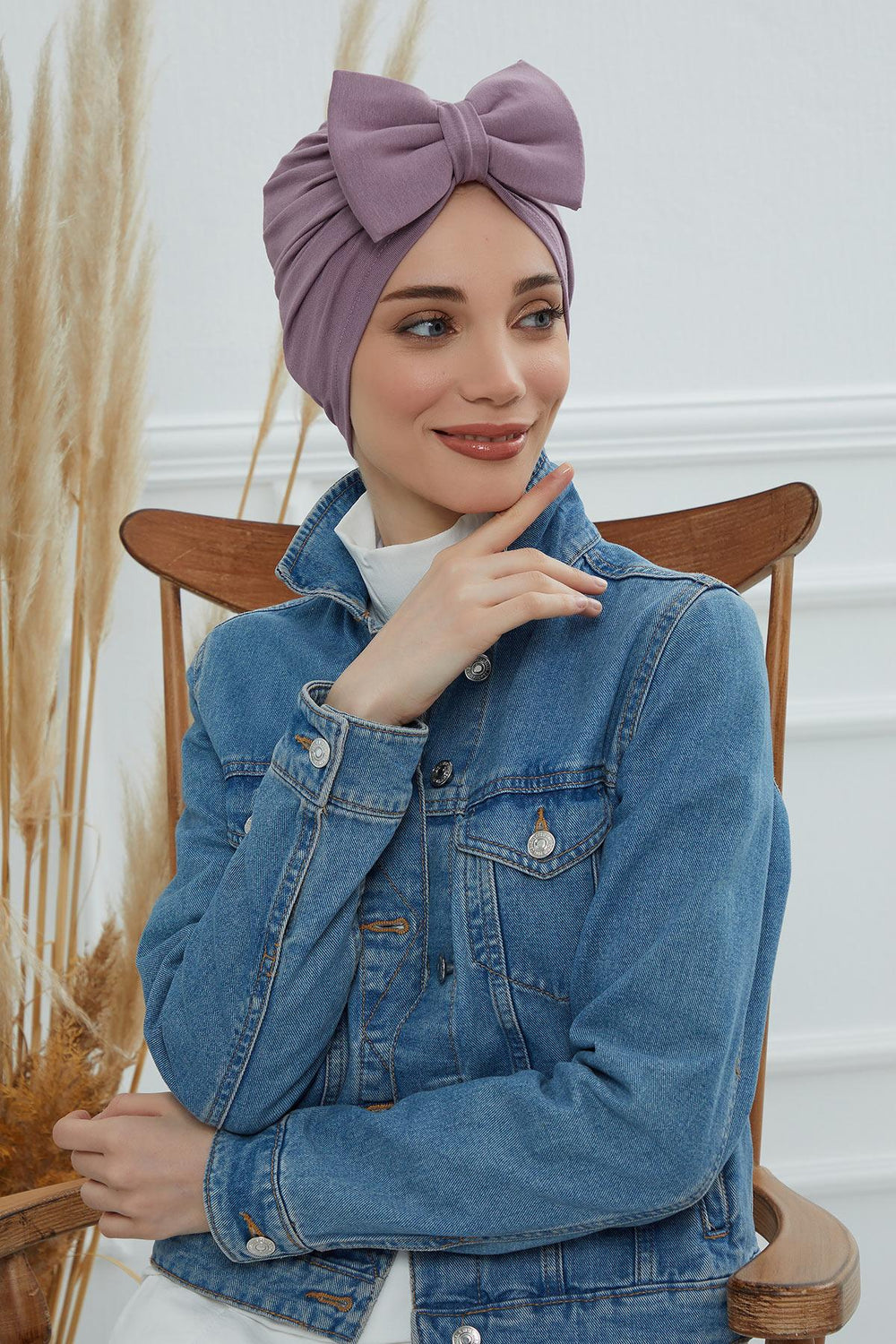 Plain Cotton Instant Turban with a Removable Big Bowtie, Chic Bonnet Scarf Head Wrap for Women, Comfortable and Stylish Chemo Headwear,B-27 Lilac