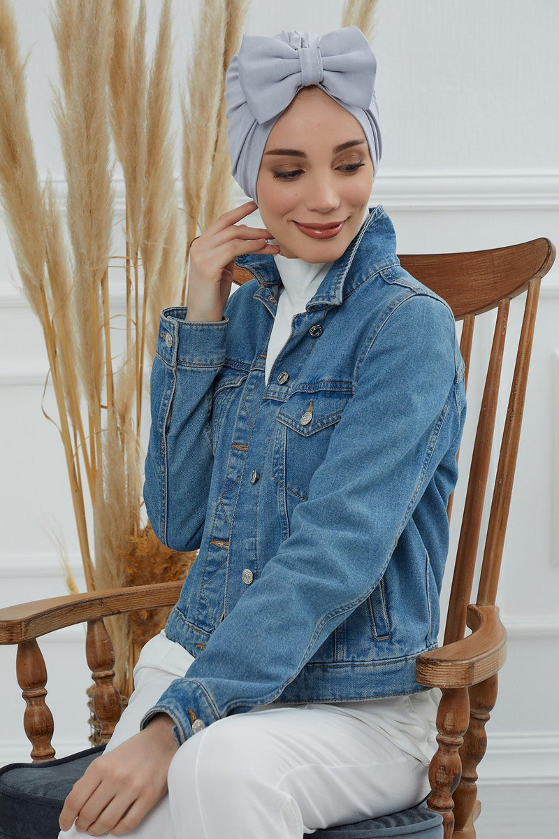 Plain Cotton Instant Turban with a Removable Big Bowtie, Chic Bonnnet Scarf Head Wrap for Women, Comfortable and Stylish Chemo Headwear,B-27 Lilac