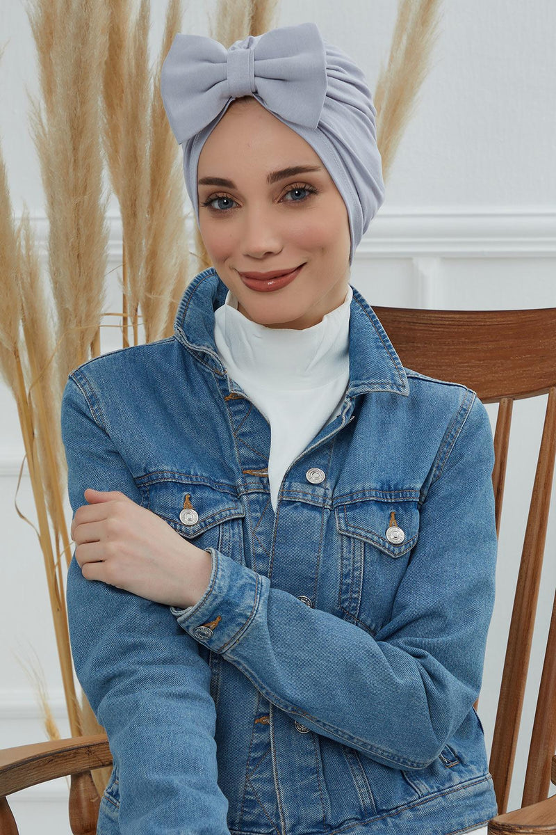Plain Cotton Instant Turban with a Removable Big Bowtie, Chic Bonnnet Scarf Head Wrap for Women, Comfortable and Stylish Chemo Headwear,B-27 Lilac