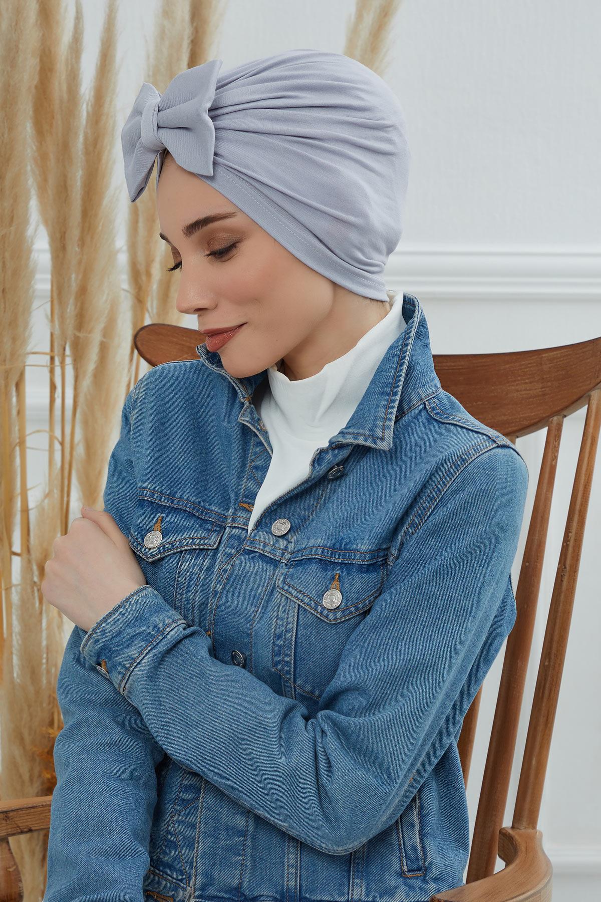 Plain Cotton Instant Turban with a Removable Big Bowtie, Chic Bonnet Scarf Head Wrap for Women, Comfortable and Stylish Chemo Headwear,B-27 Grey 2