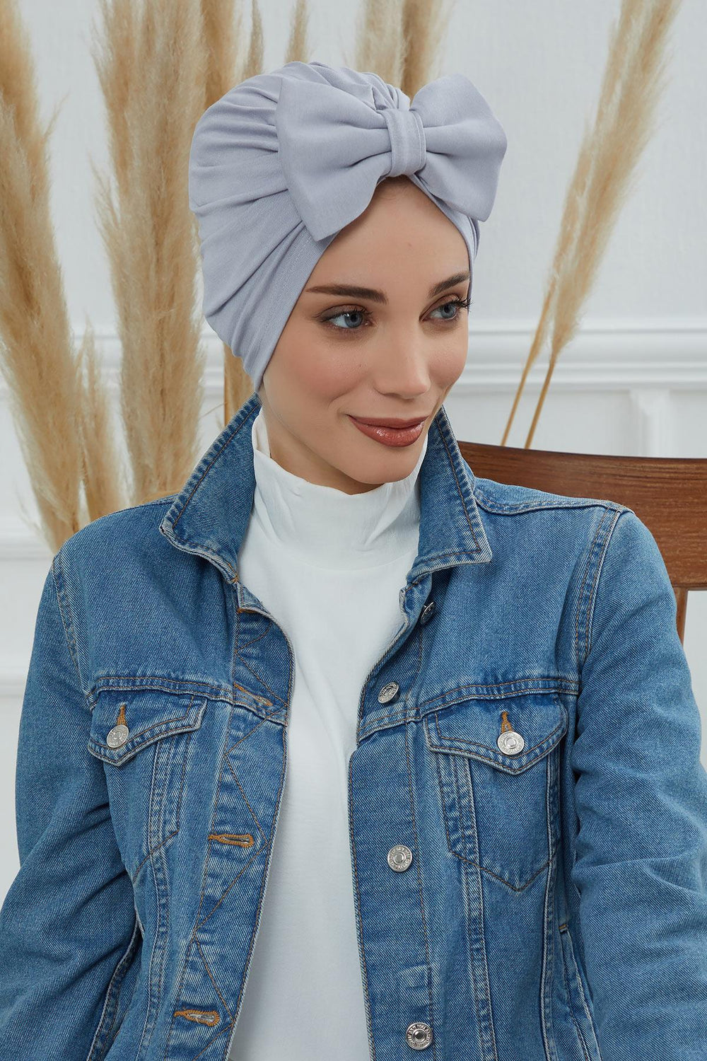 Plain Cotton Instant Turban with a Removable Big Bowtie, Chic Bonnet Scarf Head Wrap for Women, Comfortable and Stylish Chemo Headwear,B-27 Grey 2