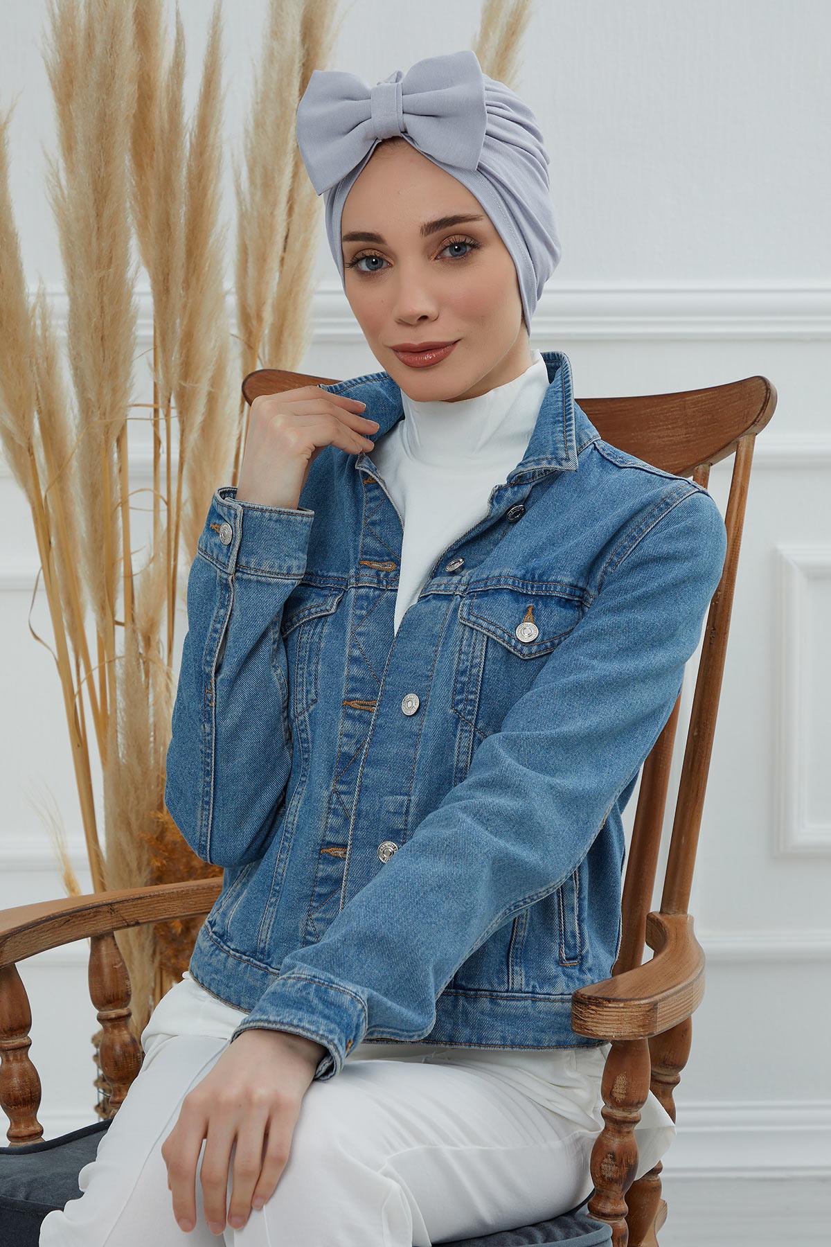 Plain Cotton Instant Turban with a Removable Big Bowtie, Chic Bonnet Scarf Head Wrap for Women, Comfortable and Stylish Chemo Headwear,B-27 Grey 2