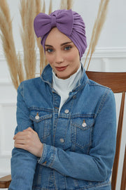 Plain Cotton Instant Turban with a Removable Big Bowtie, Chic Bonnnet Scarf Head Wrap for Women, Comfortable and Stylish Chemo Headwear,B-27 Lilac