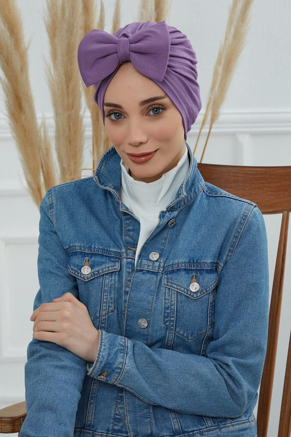 Plain Cotton Instant Turban with a Removable Big Bowtie, Chic Bonnet Scarf Head Wrap for Women, Comfortable and Stylish Chemo Headwear,B-27 Purple 2