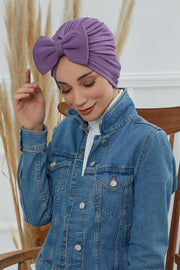 Plain Cotton Instant Turban with a Removable Big Bowtie, Chic Bonnnet Scarf Head Wrap for Women, Comfortable and Stylish Chemo Headwear,B-27 Lilac
