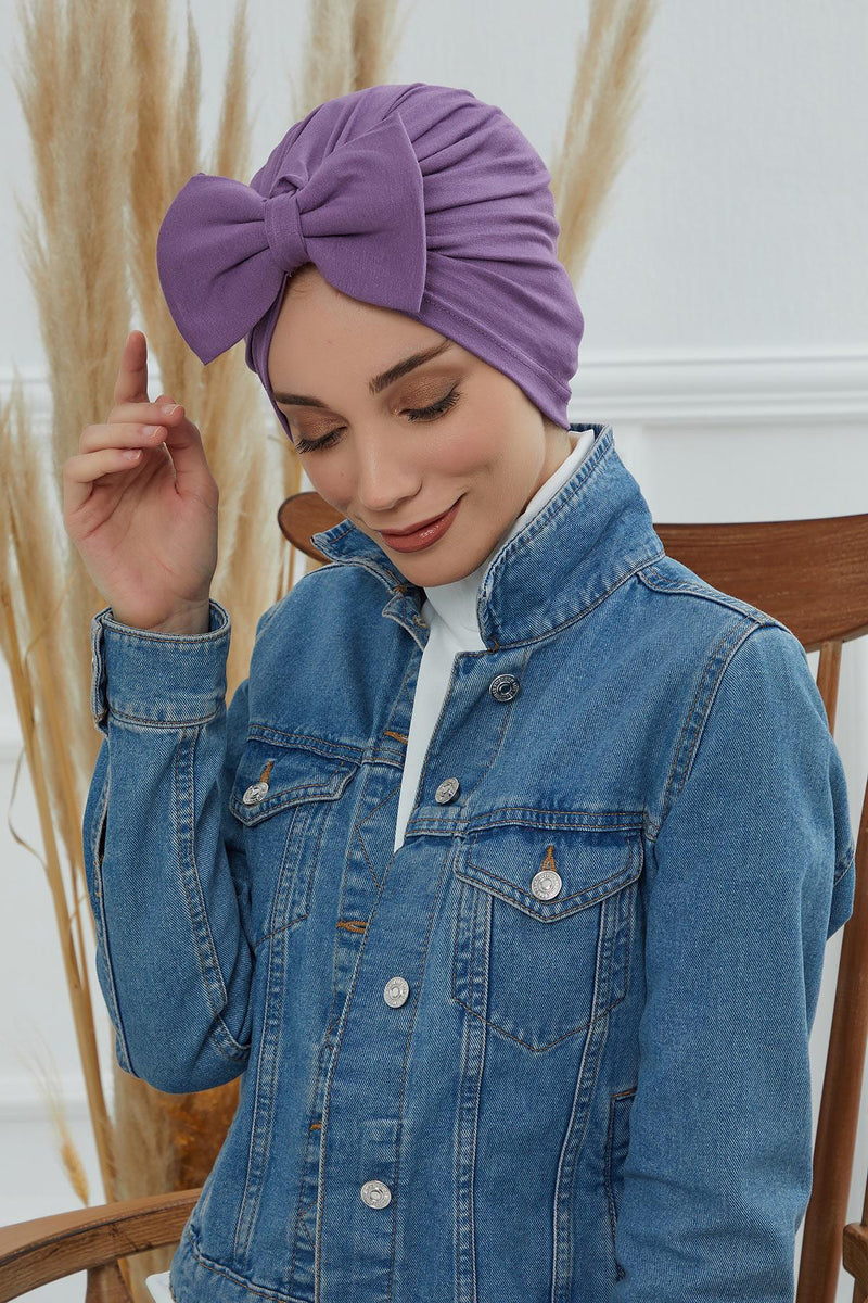 Plain Cotton Instant Turban with a Removable Big Bowtie, Chic Bonnnet Scarf Head Wrap for Women, Comfortable and Stylish Chemo Headwear,B-27 Lilac