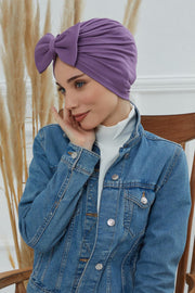 Plain Cotton Instant Turban with a Removable Big Bowtie, Chic Bonnnet Scarf Head Wrap for Women, Comfortable and Stylish Chemo Headwear,B-27 Lilac