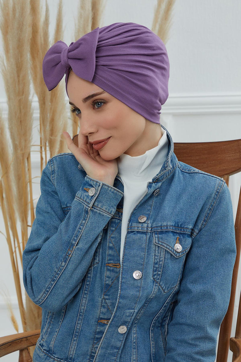 Plain Cotton Instant Turban with a Removable Big Bowtie, Chic Bonnnet Scarf Head Wrap for Women, Comfortable and Stylish Chemo Headwear,B-27 Lilac