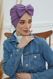 Plain Cotton Instant Turban with a Removable Big Bowtie, Chic Bonnnet Scarf Head Wrap for Women, Comfortable and Stylish Chemo Headwear,B-27 Lilac