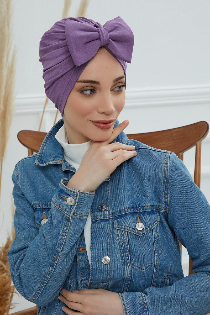 Plain Cotton Instant Turban with a Removable Big Bowtie, Chic Bonnnet Scarf Head Wrap for Women, Comfortable and Stylish Chemo Headwear,B-27 Lilac
