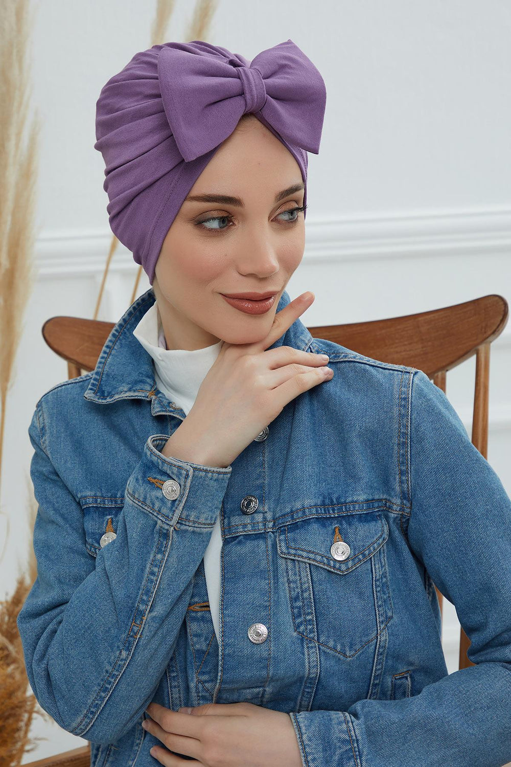 Plain Cotton Instant Turban with a Removable Big Bowtie, Chic Bonnet Scarf Head Wrap for Women, Comfortable and Stylish Chemo Headwear,B-27 Purple 2