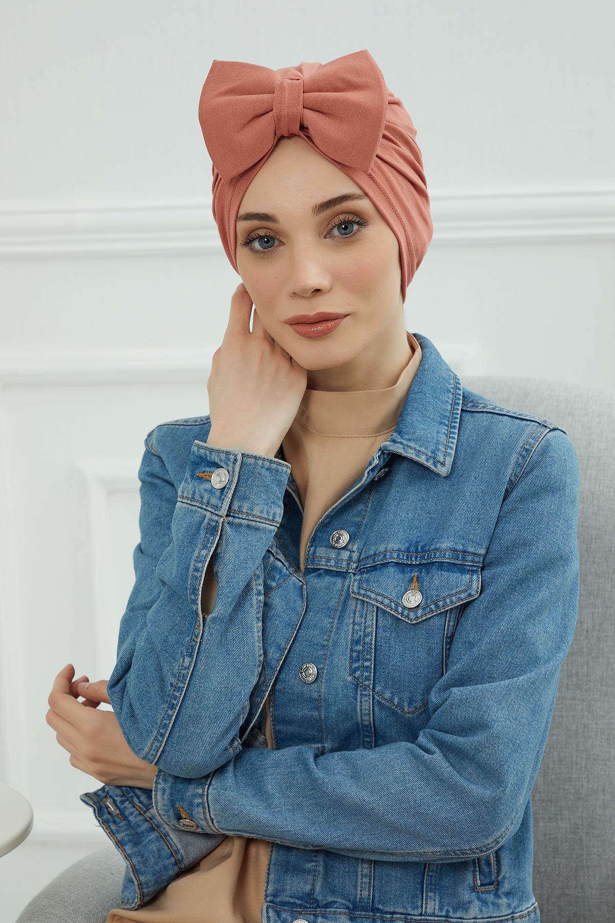Plain Cotton Instant Turban with a Removable Big Bowtie, Chic Bonnet Scarf Head Wrap for Women, Comfortable and Stylish Chemo Headwear,B-27 Salmon