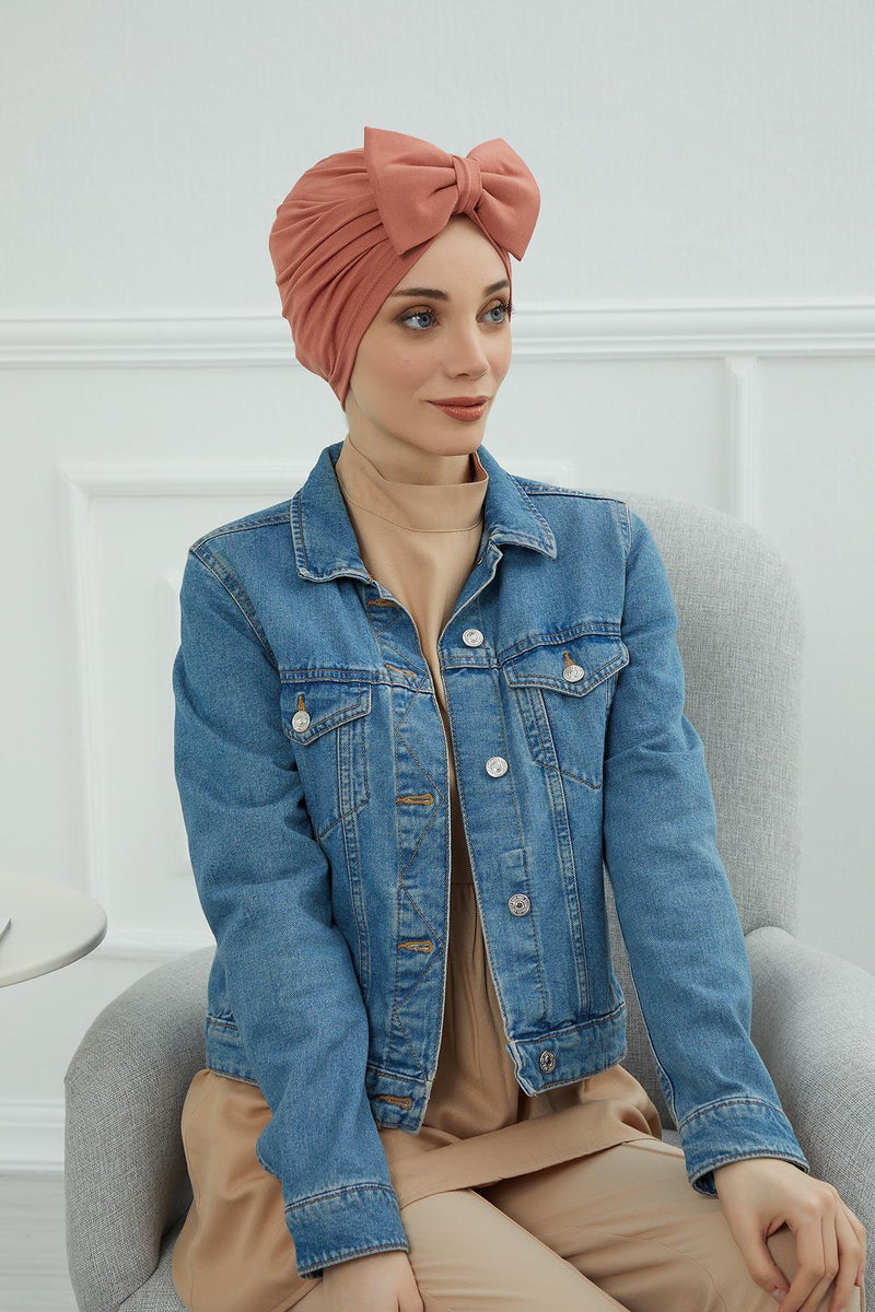 Plain Cotton Instant Turban with a Removable Big Bowtie, Chic Bonnnet Scarf Head Wrap for Women, Comfortable and Stylish Chemo Headwear,B-27 Salmon