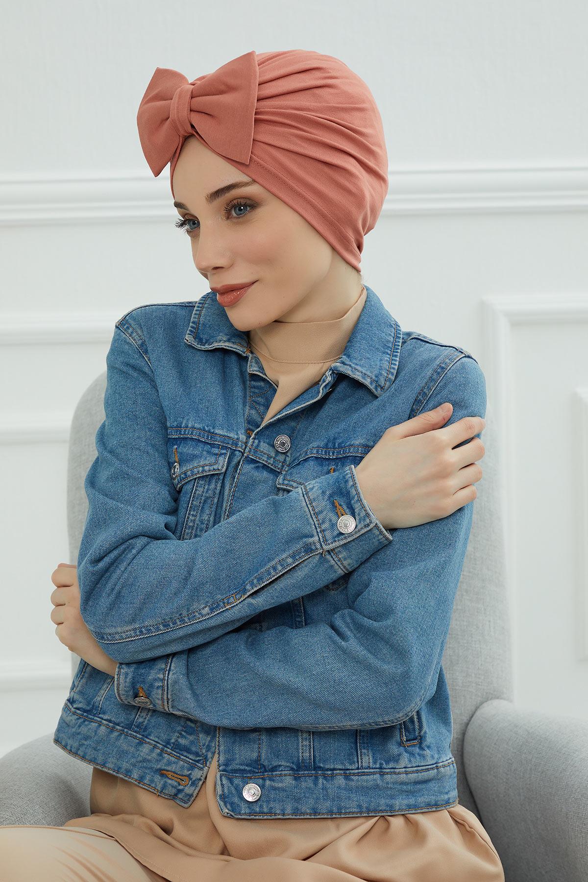 Plain Cotton Instant Turban with a Removable Big Bowtie, Chic Bonnet Scarf Head Wrap for Women, Comfortable and Stylish Chemo Headwear,B-27 Salmon