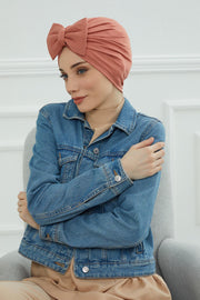 Plain Cotton Instant Turban with a Removable Big Bowtie, Chic Bonnnet Scarf Head Wrap for Women, Comfortable and Stylish Chemo Headwear,B-27 Salmon