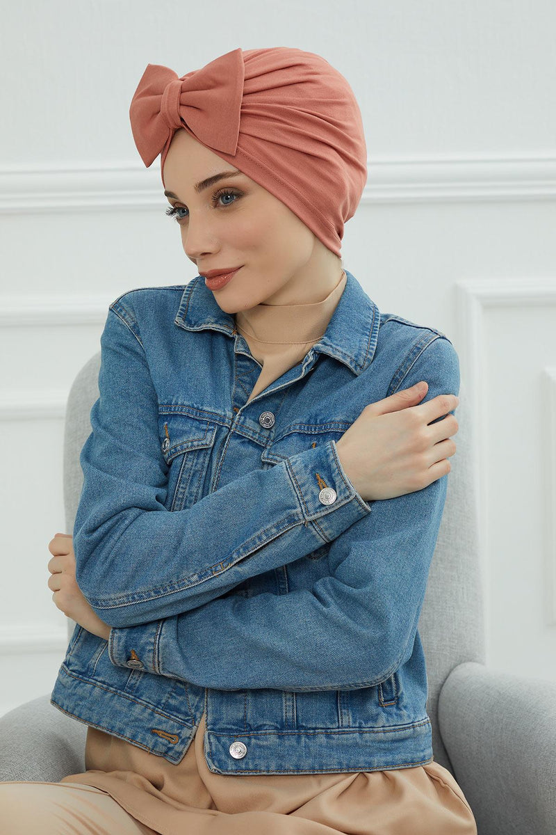 Plain Cotton Instant Turban with a Removable Big Bowtie, Chic Bonnnet Scarf Head Wrap for Women, Comfortable and Stylish Chemo Headwear,B-27 Salmon