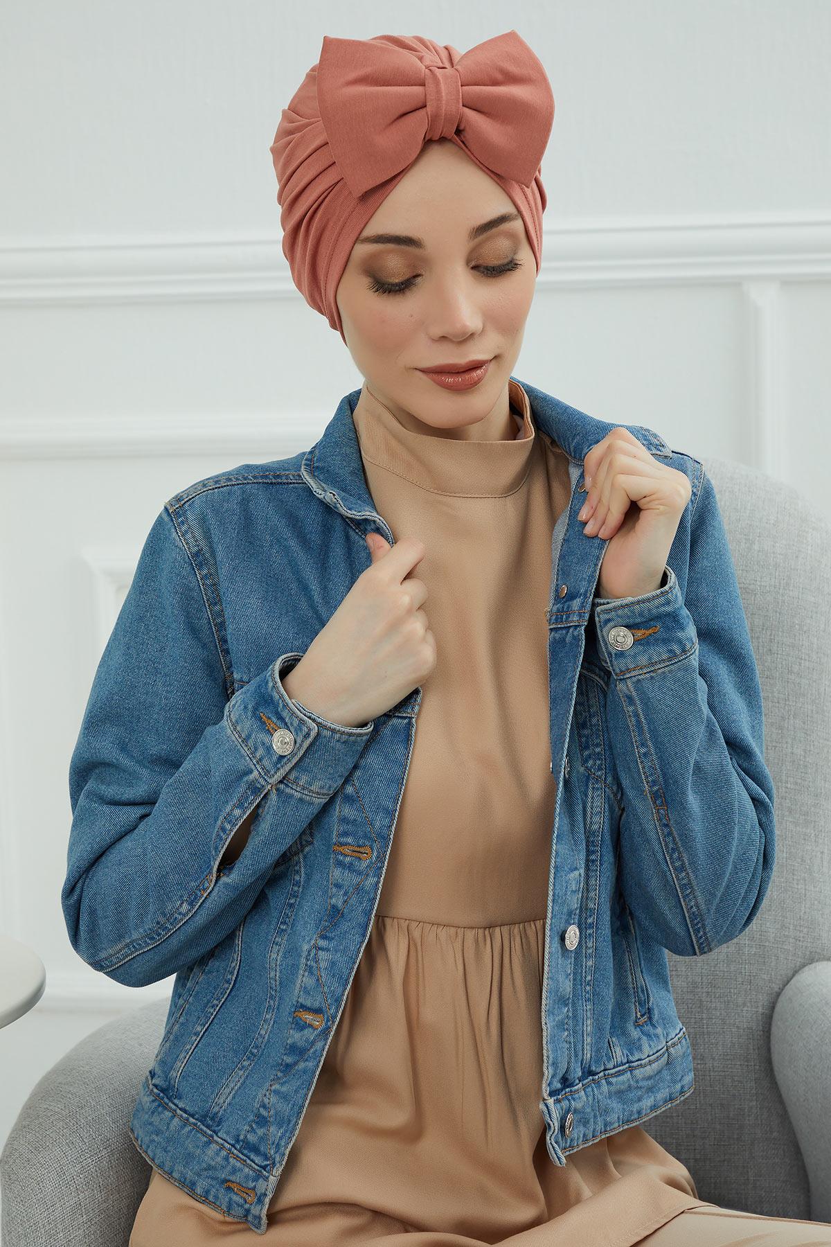 Plain Cotton Instant Turban with a Removable Big Bowtie, Chic Bonnet Scarf Head Wrap for Women, Comfortable and Stylish Chemo Headwear,B-27 Salmon