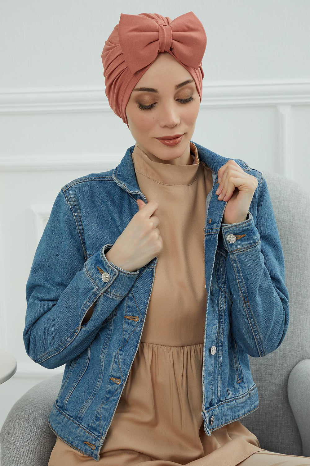 Plain Cotton Instant Turban with a Removable Big Bowtie, Chic Bonnet Scarf Head Wrap for Women, Comfortable and Stylish Chemo Headwear,B-27 Salmon