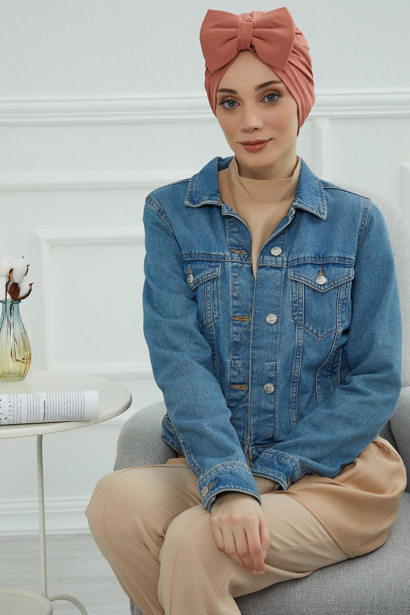 Plain Cotton Instant Turban with a Removable Big Bowtie, Chic Bonnnet Scarf Head Wrap for Women, Comfortable and Stylish Chemo Headwear,B-27 Salmon