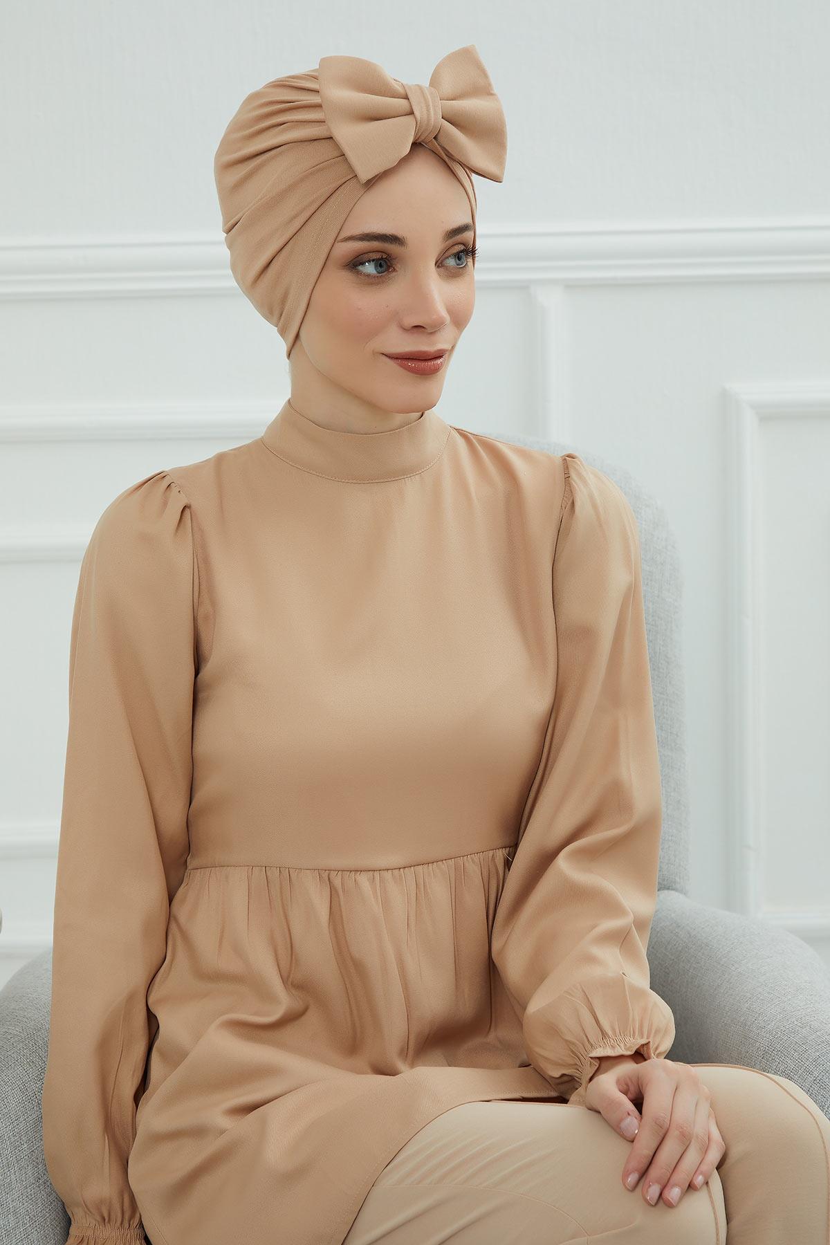 Plain Cotton Instant Turban with a Removable Big Bowtie, Chic Bonnet Scarf Head Wrap for Women, Comfortable and Stylish Chemo Headwear,B-27 Sand Brown