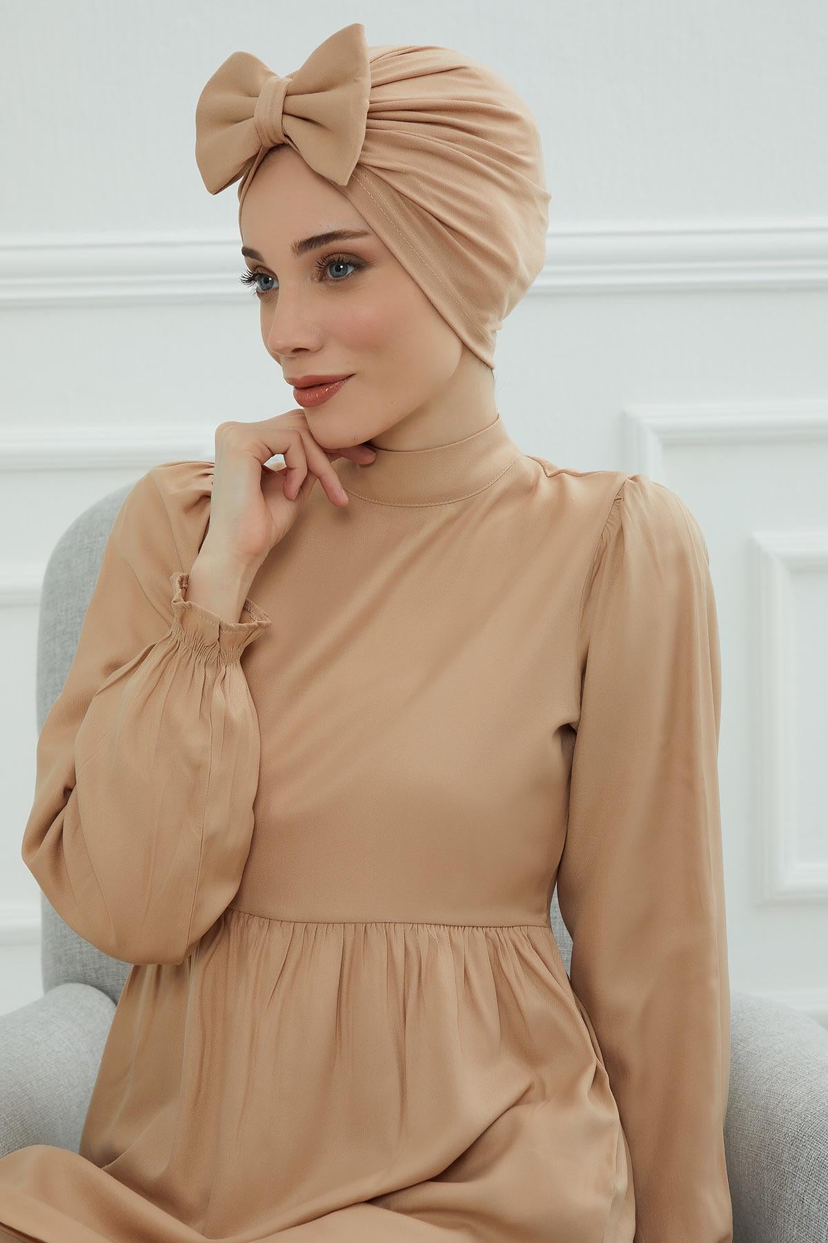 Plain Cotton Instant Turban with a Removable Big Bowtie, Chic Bonnet Scarf Head Wrap for Women, Comfortable and Stylish Chemo Headwear,B-27 Sand Brown