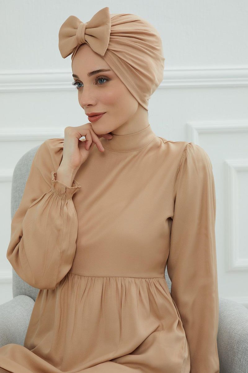 Plain Cotton Instant Turban with a Removable Big Bowtie, Chic Bonnnet Scarf Head Wrap for Women, Comfortable and Stylish Chemo Headwear,B-27 Sand Brown