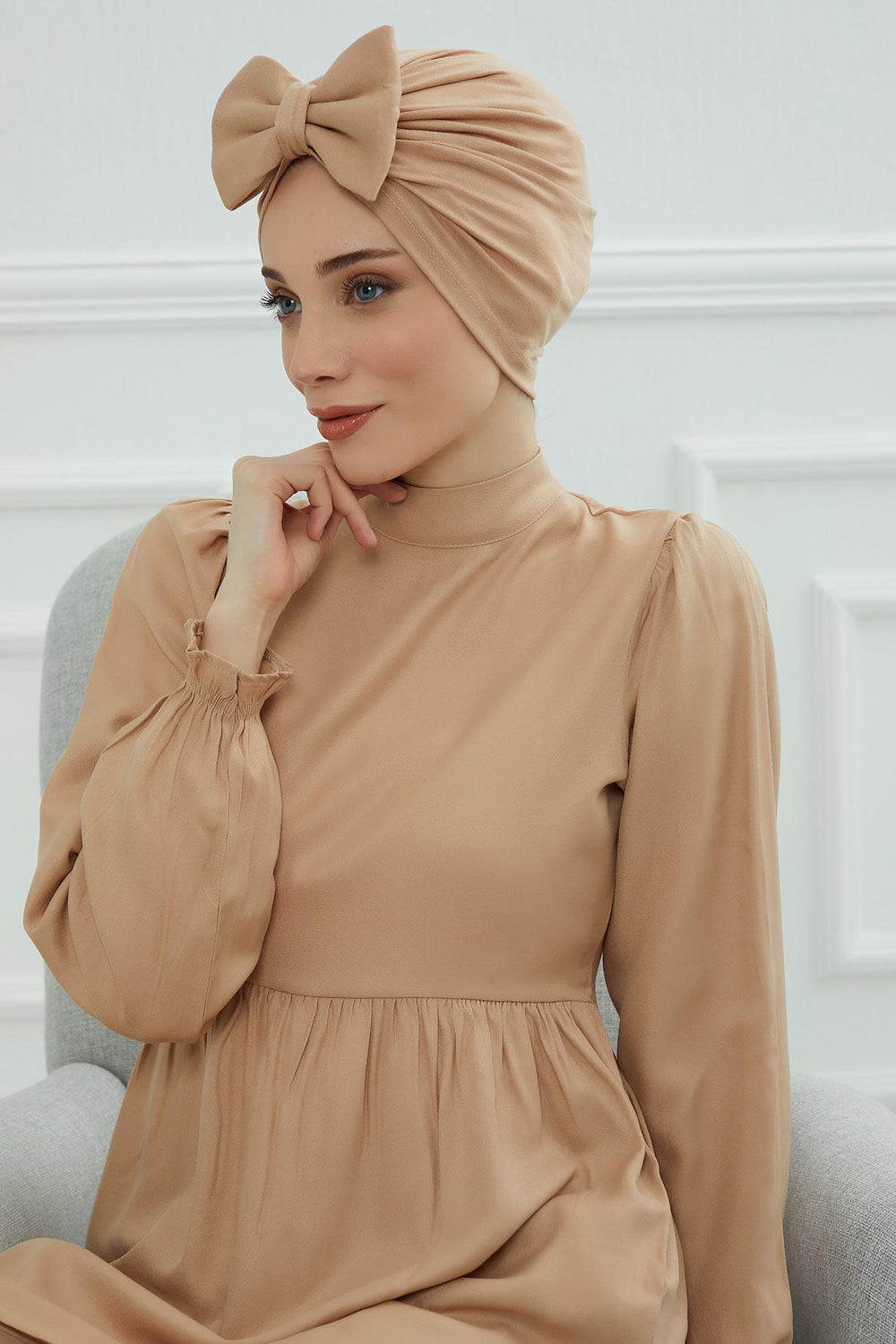 Plain Cotton Instant Turban with a Removable Big Bowtie, Chic Bonnet Scarf Head Wrap for Women, Comfortable and Stylish Chemo Headwear,B-27 Sand Brown