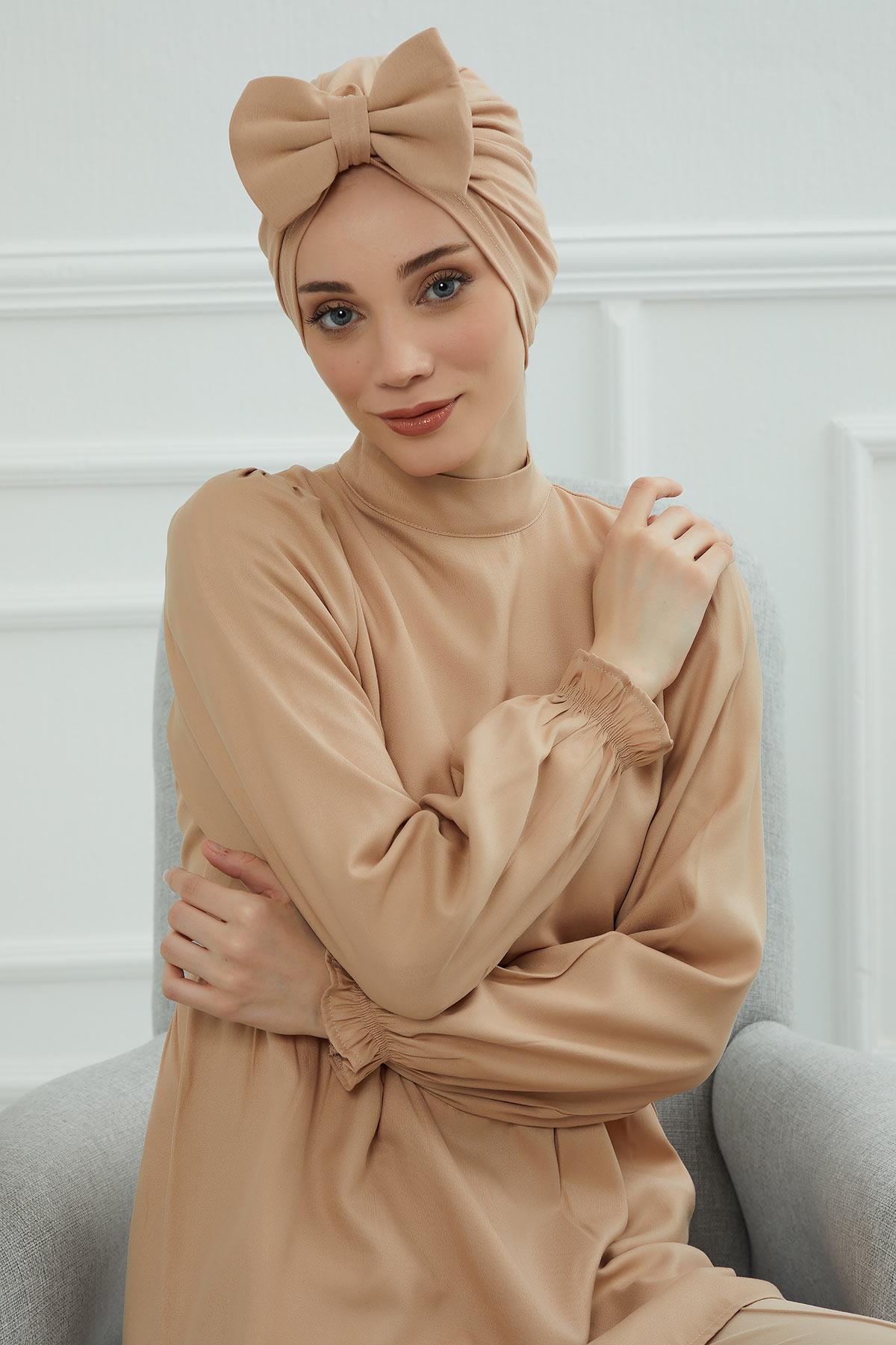 Plain Cotton Instant Turban with a Removable Big Bowtie, Chic Bonnet Scarf Head Wrap for Women, Comfortable and Stylish Chemo Headwear,B-27 Sand Brown