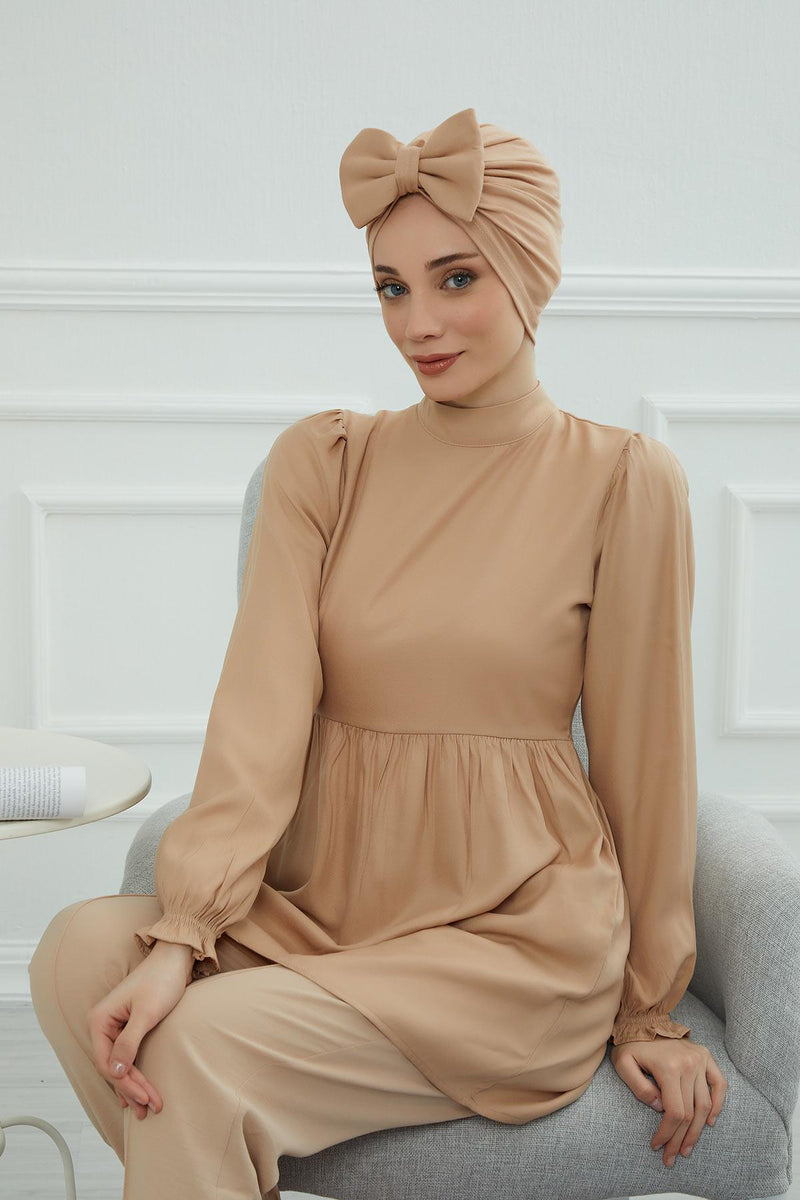Plain Cotton Instant Turban with a Removable Big Bowtie, Chic Bonnnet Scarf Head Wrap for Women, Comfortable and Stylish Chemo Headwear,B-27 Sand Brown