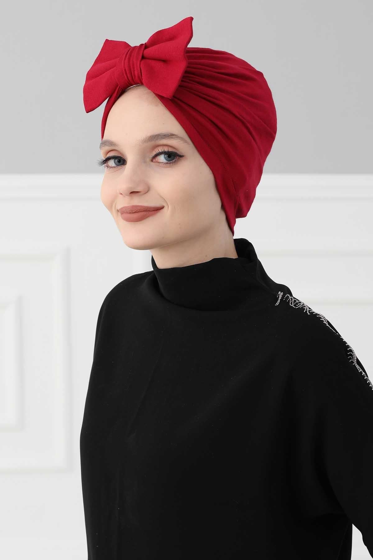 Plain Cotton Instant Turban with a Removable Big Bowtie, Chic Bonnet Scarf Head Wrap for Women, Comfortable and Stylish Chemo Headwear,B-27 Maroon