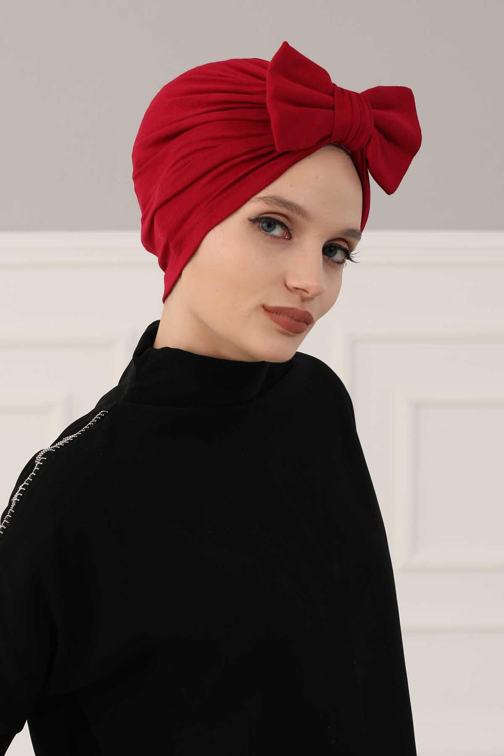 Plain Cotton Instant Turban with a Removable Big Bowtie, Chic Bonnet Scarf Head Wrap for Women, Comfortable and Stylish Chemo Headwear,B-27 Maroon