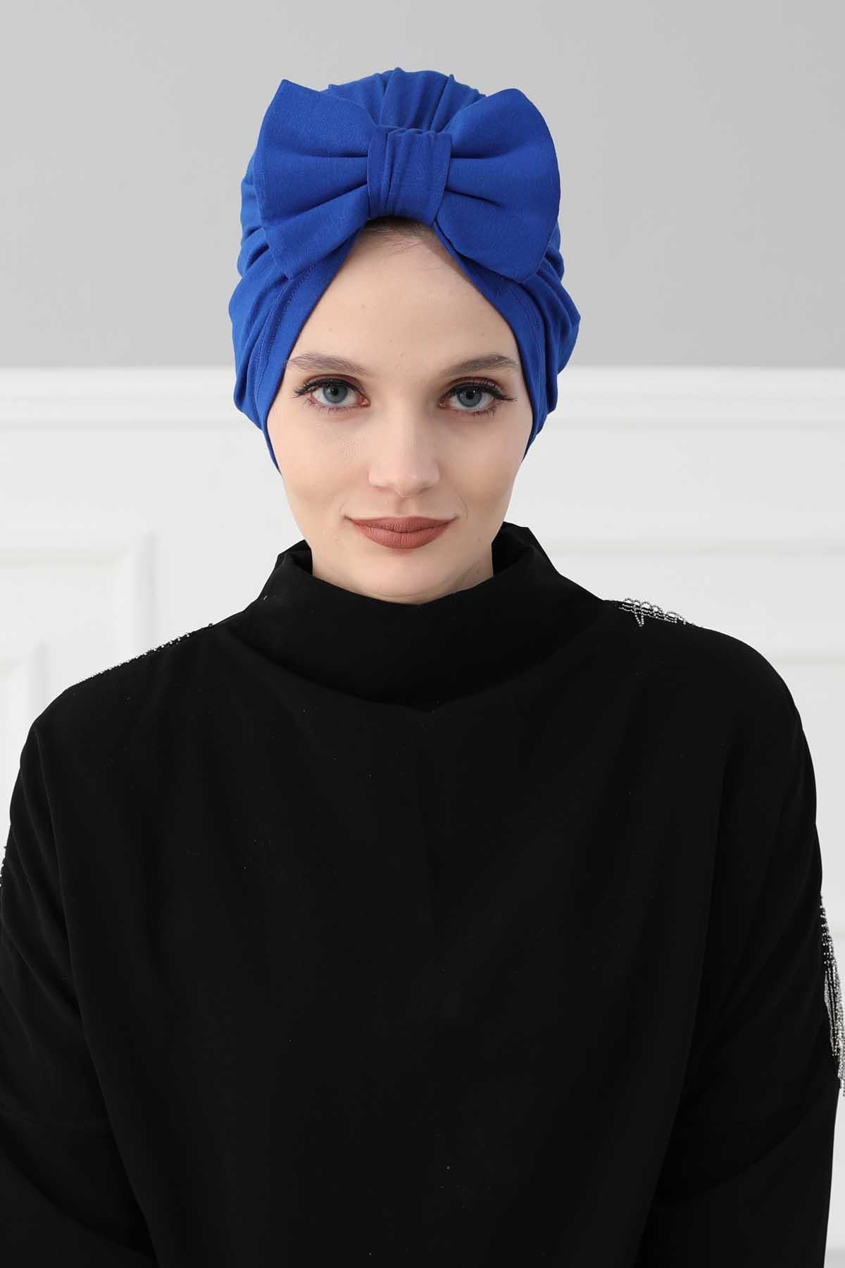 Plain Cotton Instant Turban with a Removable Big Bowtie, Chic Bonnet Scarf Head Wrap for Women, Comfortable and Stylish Chemo Headwear,B-27 Sax Blue