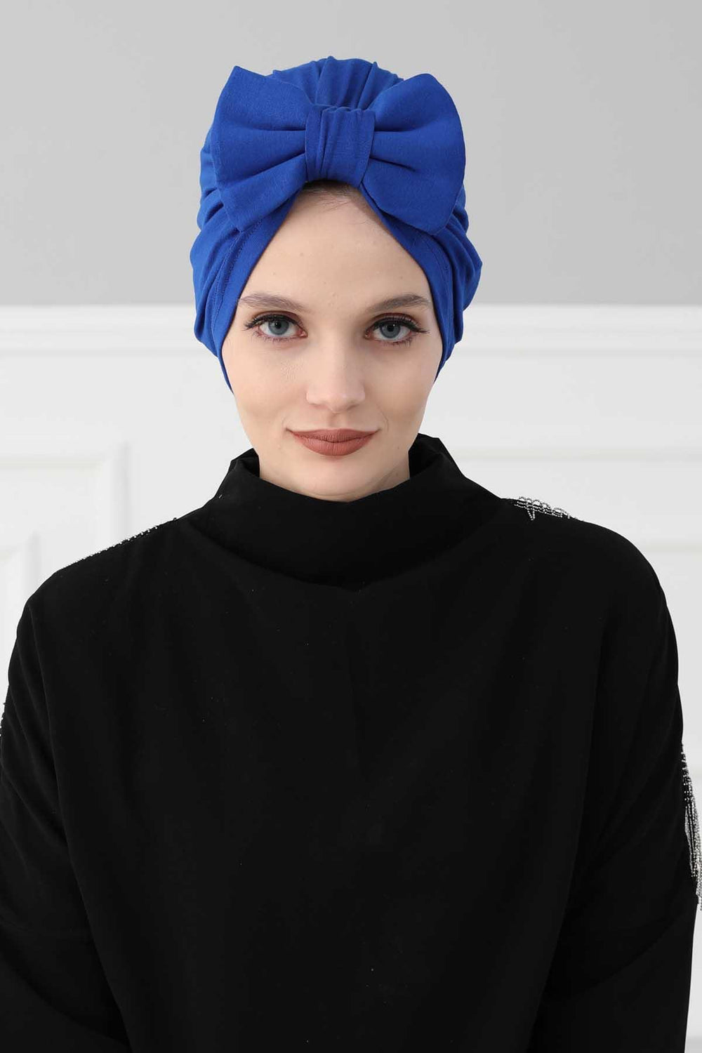 Plain Cotton Instant Turban with a Removable Big Bowtie, Chic Bonnet Scarf Head Wrap for Women, Comfortable and Stylish Chemo Headwear,B-27 Sax Blue